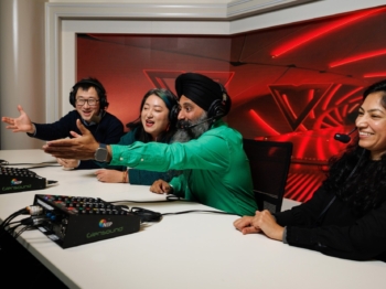 AFL commentators L to R Barney Yu Xia Agnes Yao Lu Mandarin Harbir Singh Kang and Rajbir Ghuman Hindi
